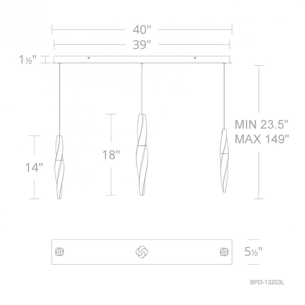 Kindjal 3 Light 120-277V Multi-Light Pendant (Linear Canopy) in Polished Nickel with Clear Optic C