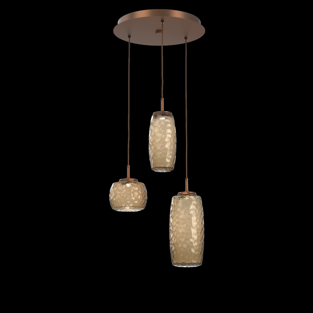 Vessel 3pc Round Multi-Pendant-Burnished Bronze-Bronze Blown Glass-Cloth Braided Cord-LED 2700K