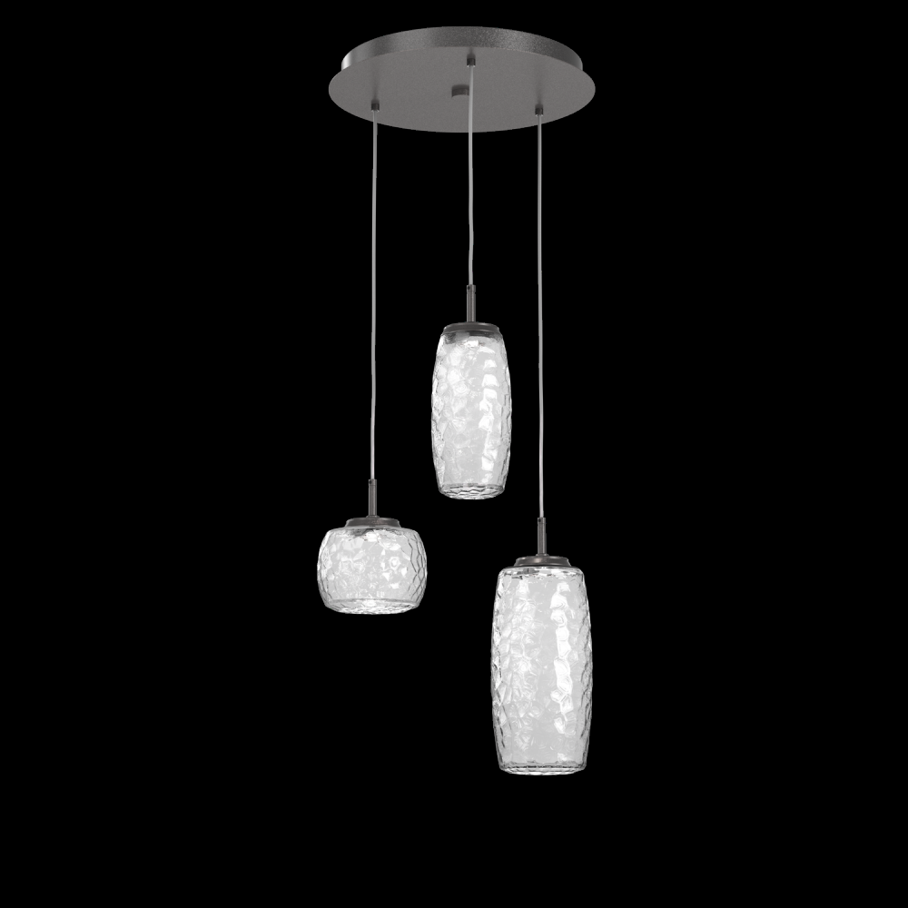 Vessel 3pc Round Multi-Pendant-Graphite-Clear Blown Glass-Cloth Braided Cord-LED 2700K