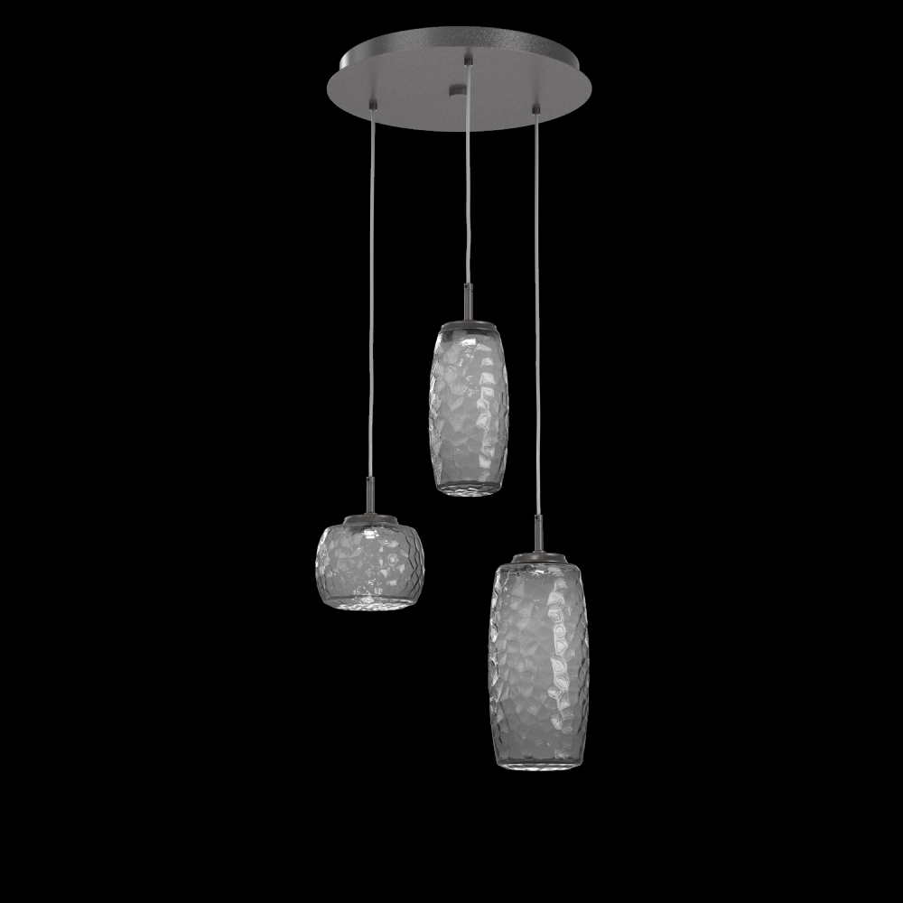 Vessel 3pc Round Multi-Pendant-Graphite-Smoke Blown Glass-Cloth Braided Cord-LED 2700K