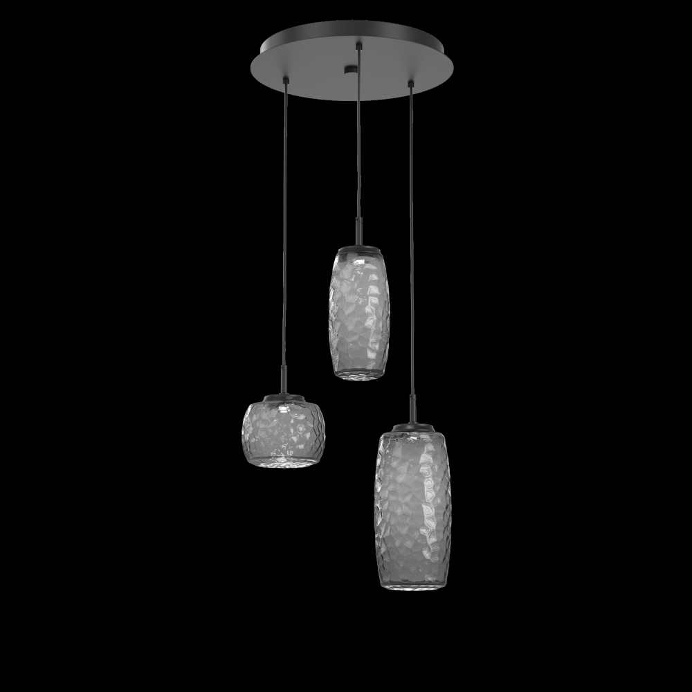 Vessel 3pc Round Multi-Pendant-Matte Black-Smoke Blown Glass-Cloth Braided Cord-LED 2700K