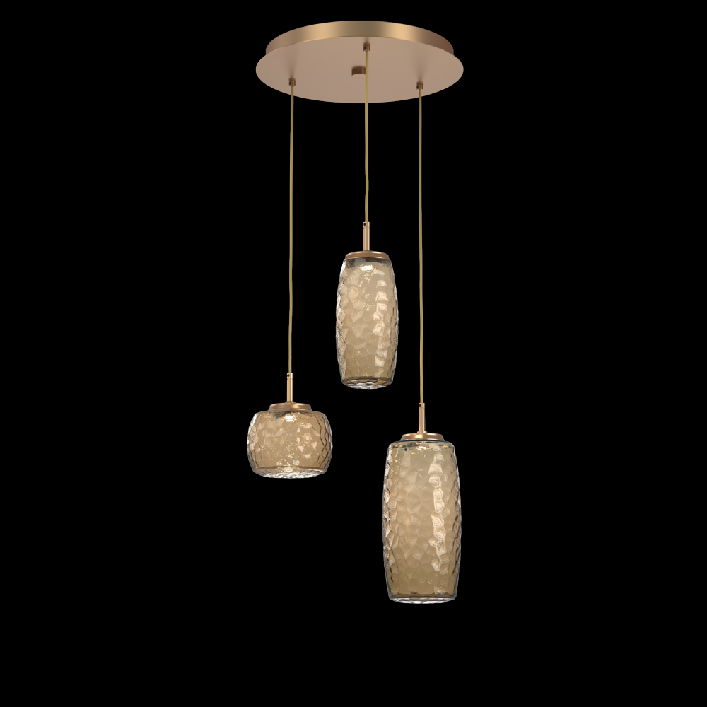 Vessel 3pc Round Multi-Pendant-Novel Brass-Bronze Blown Glass-Cloth Braided Cord-LED 2700K