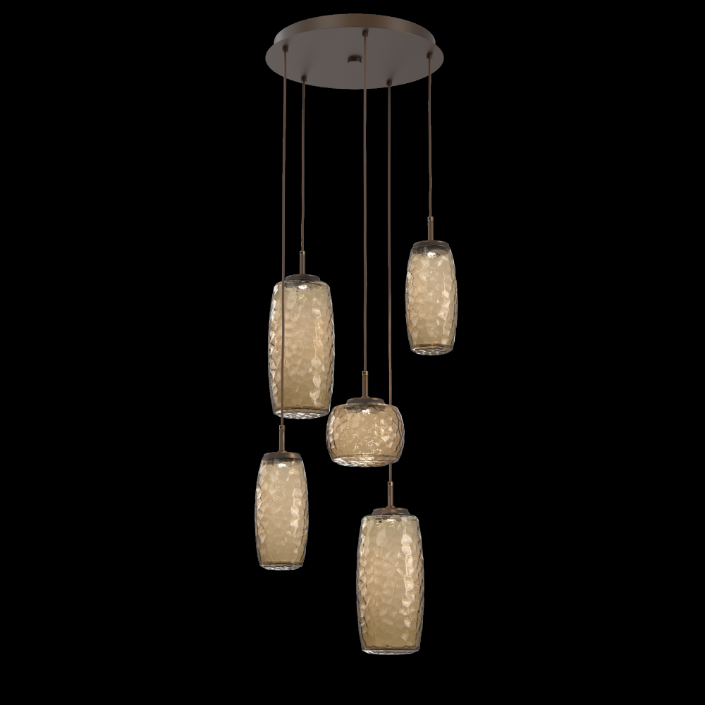 Vessel 5pc Round Multi-Pendant-Flat Bronze-Bronze Blown Glass-Cloth Braided Cord-LED 2700K