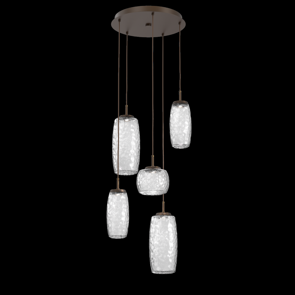 Vessel 5pc Round Multi-Pendant-Flat Bronze-Clear Blown Glass-Cloth Braided Cord-LED 2700K