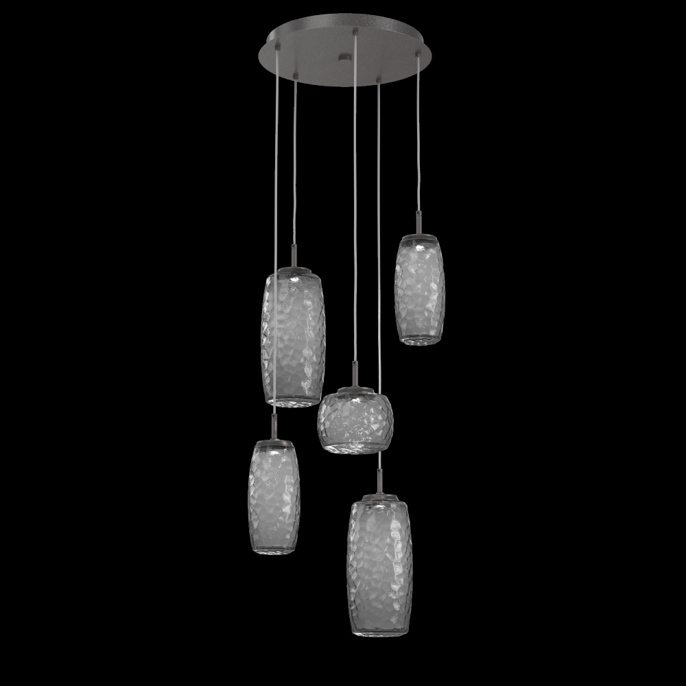 Vessel 5pc Round Multi-Pendant-Graphite-Smoke Blown Glass-Cloth Braided Cord-LED 2700K