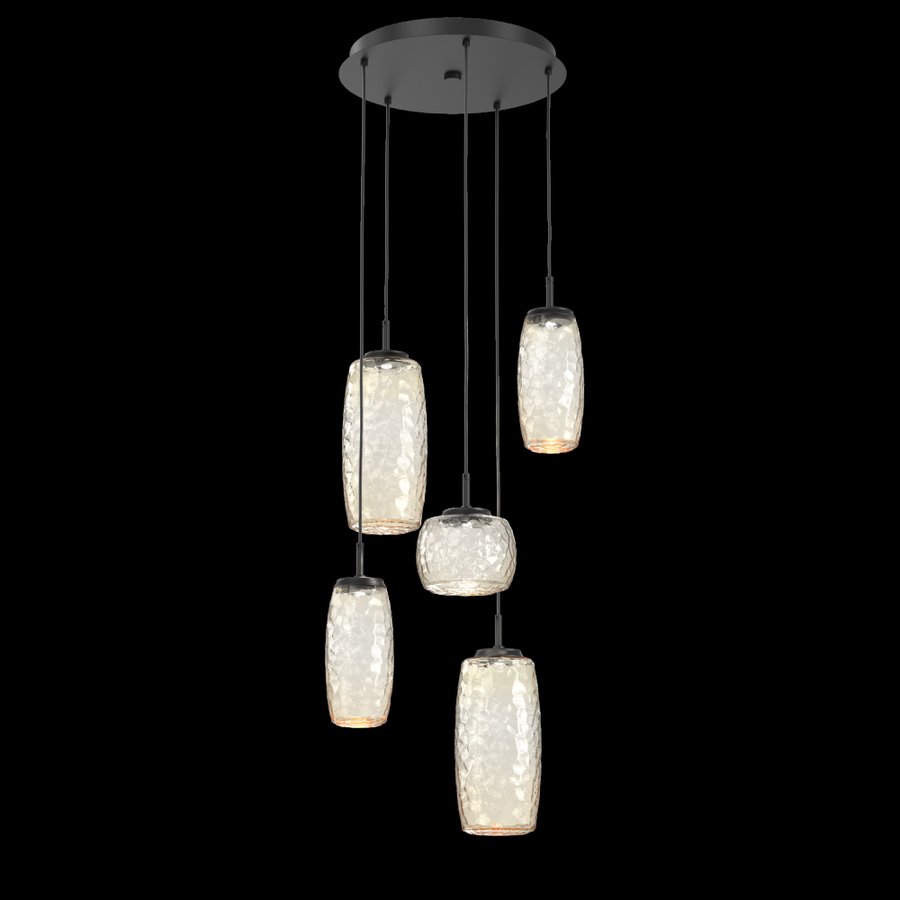 Vessel 5pc Round Multi-Pendant-Matte Black-Amber Blown Glass-Cloth Braided Cord-LED 2700K