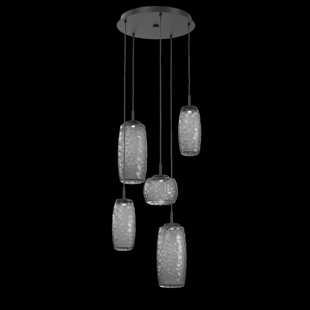 Vessel 5pc Round Multi-Pendant-Matte Black-Smoke Blown Glass-Cloth Braided Cord-LED 2700K