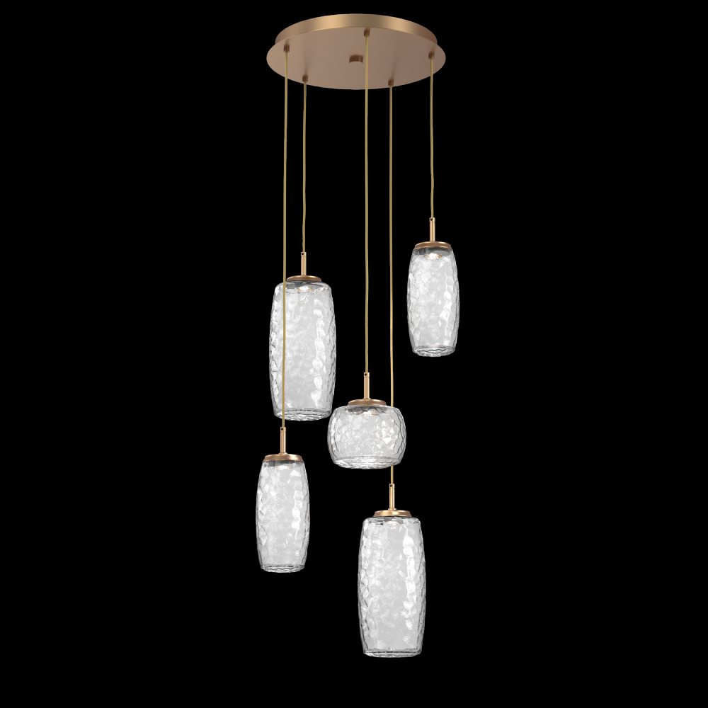 Vessel 5pc Round Multi-Pendant-Novel Brass-Clear Blown Glass-Cloth Braided Cord-LED 2700K