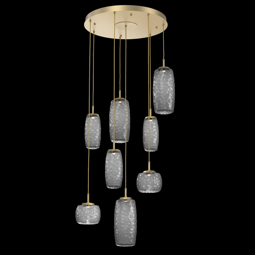 Vessel 8pc Round Multi-Pendant-Gilded Brass-Smoke Blown Glass-Cloth Braided Cord-LED 2700K