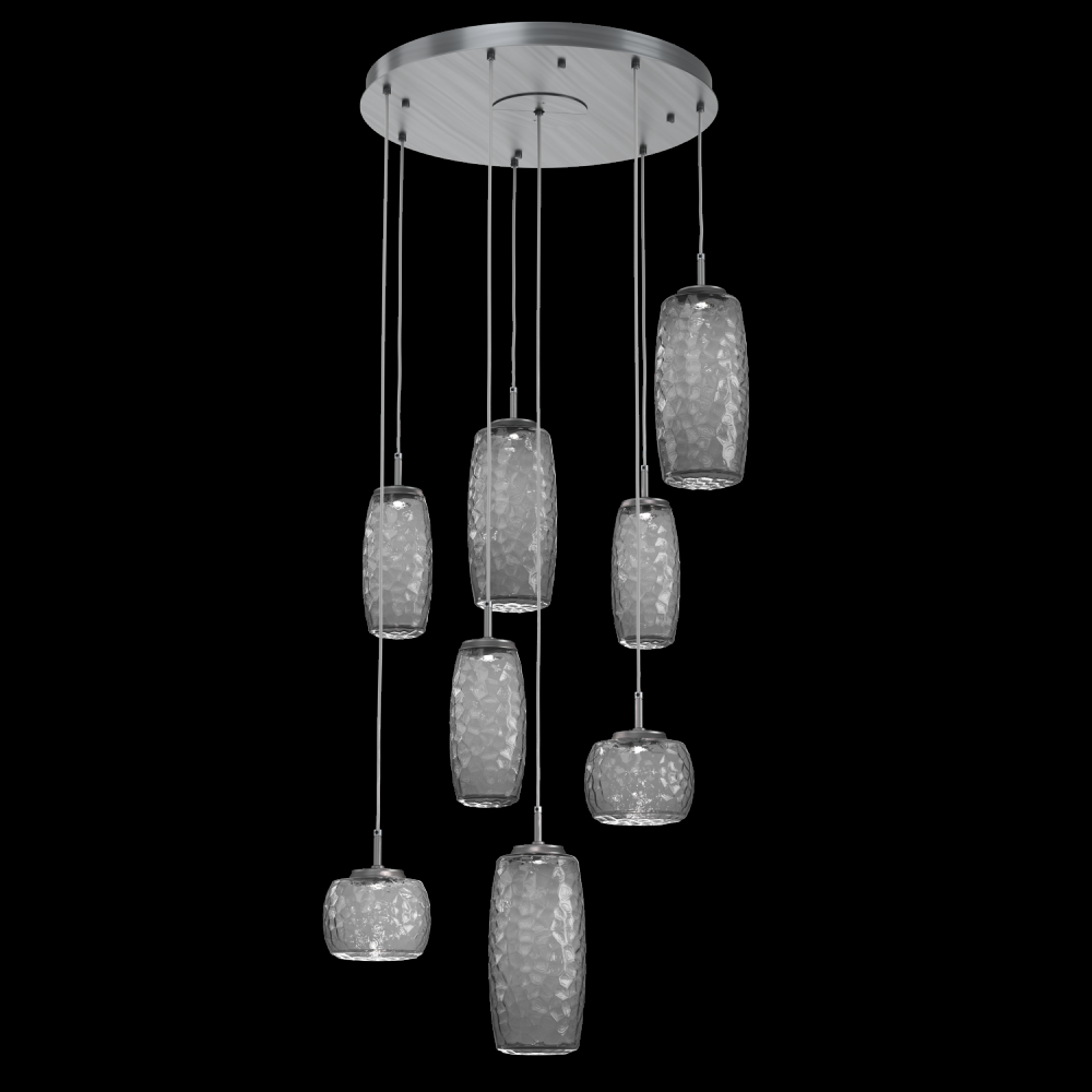 Vessel 8pc Round Multi-Pendant-Gunmetal-Smoke Blown Glass-Cloth Braided Cord-LED 2700K