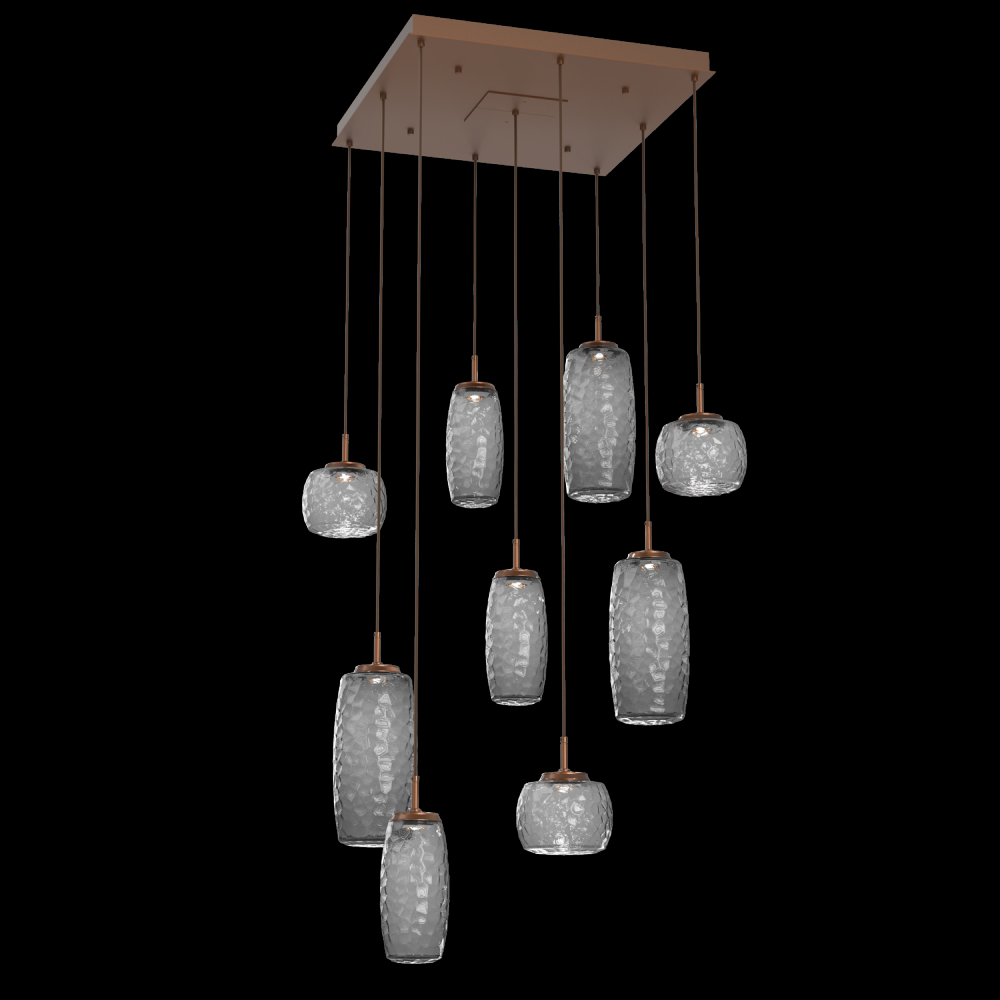 Vessel 9pc Square Multi-Pendant-Burnished Bronze-Smoke Blown Glass-Cloth Braided Cord-LED 2700K