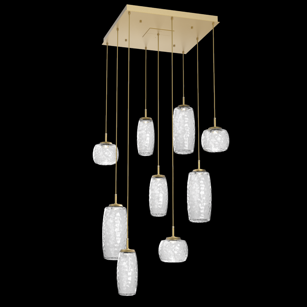 Vessel 9pc Square Multi-Pendant-Gilded Brass-Clear Blown Glass-Cloth Braided Cord-LED 2700K