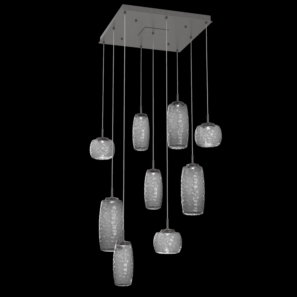 Vessel 9pc Square Multi-Pendant-Graphite-Smoke Blown Glass-Cloth Braided Cord-LED 2700K