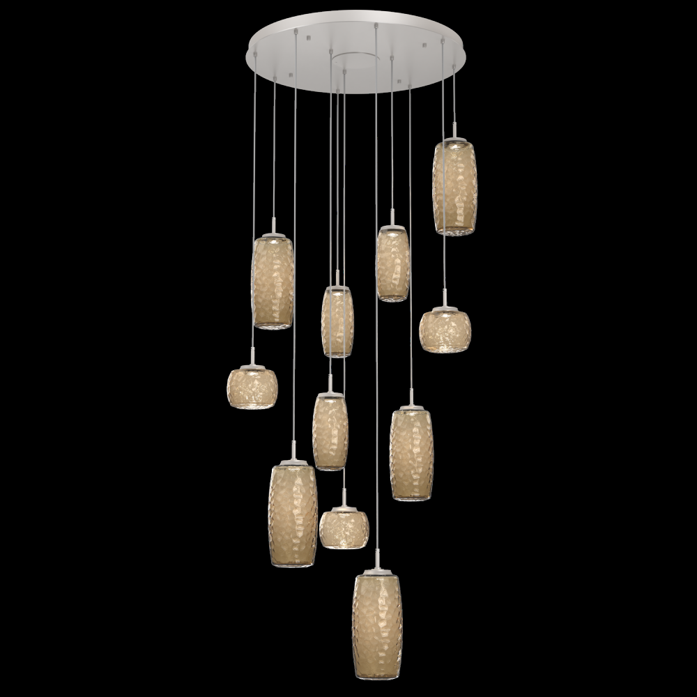 Vessel 11pc Round Multi-Pendant-Beige Silver-Bronze Blown Glass-Cloth Braided Cord-LED 2700K