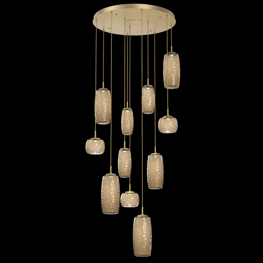 Vessel 11pc Round Multi-Pendant-Gilded Brass-Bronze Blown Glass-Cloth Braided Cord-LED 2700K