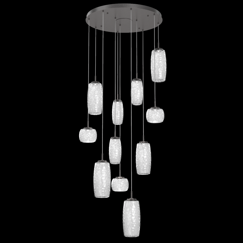 Vessel 11pc Round Multi-Pendant-Graphite-Clear Blown Glass-Cloth Braided Cord-LED 2700K