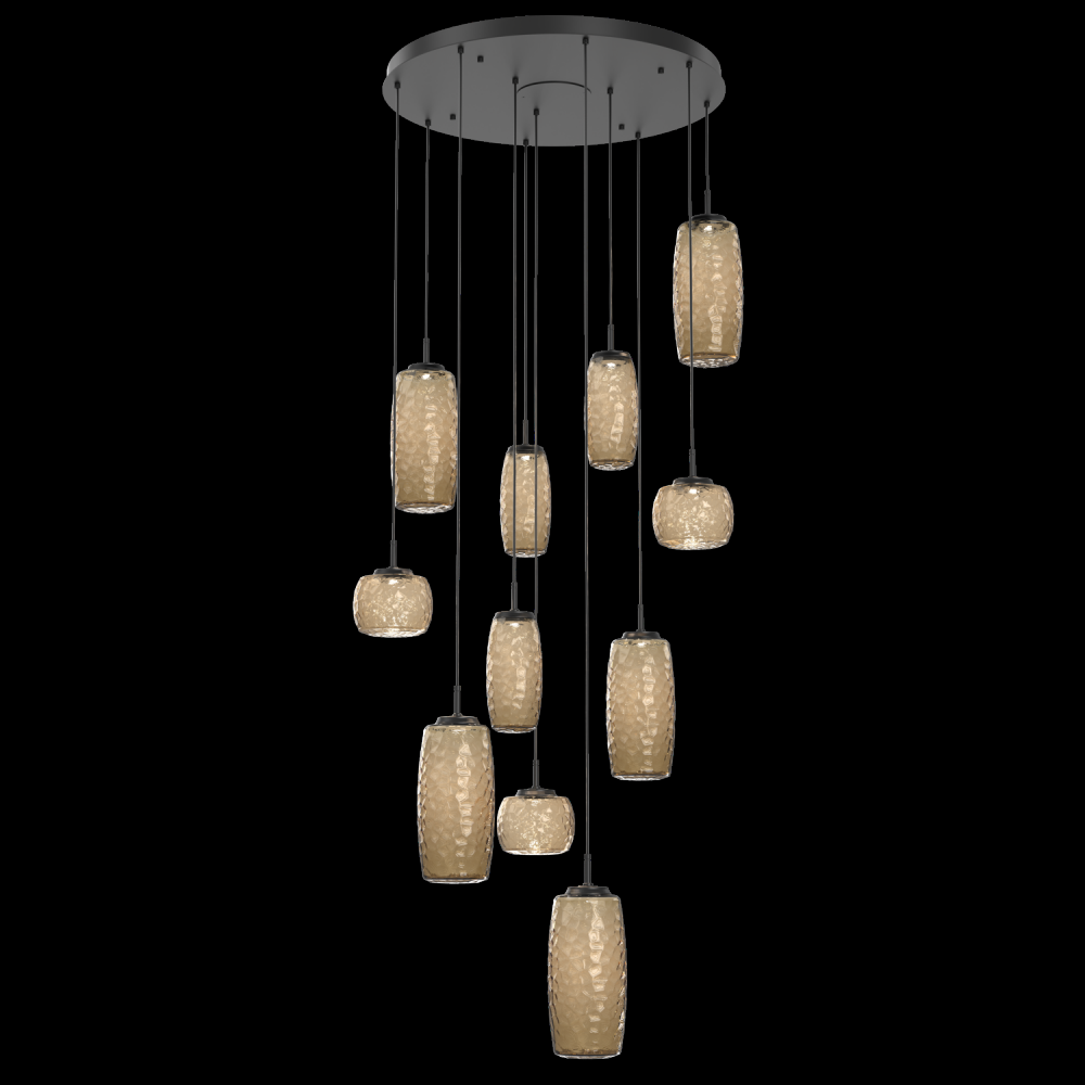 Vessel 11pc Round Multi-Pendant-Matte Black-Bronze Blown Glass-Cloth Braided Cord-LED 2700K