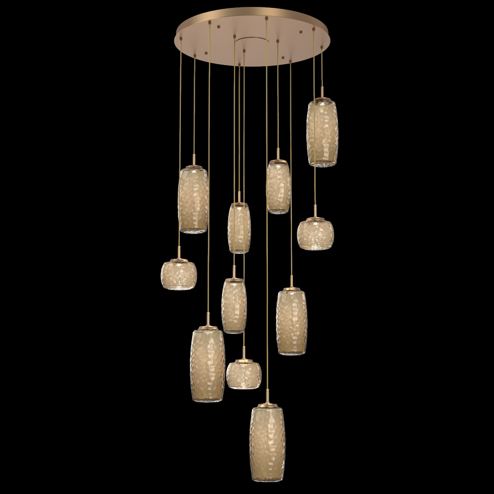 Vessel 11pc Round Multi-Pendant-Novel Brass-Bronze Blown Glass-Cloth Braided Cord-LED 2700K