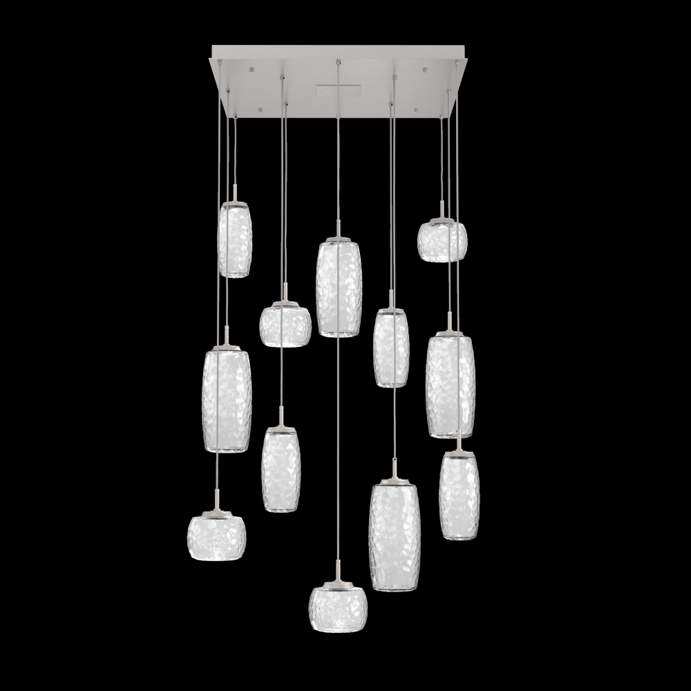 Vessel 12pc Square Multi-Pendant-Beige Silver-Clear Blown Glass-Cloth Braided Cord-LED 2700K