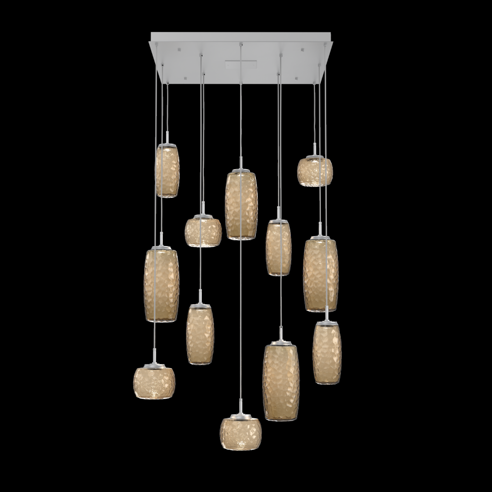 Vessel 12pc Square Multi-Pendant-Classic Silver-Bronze Blown Glass-Cloth Braided Cord-LED 2700K