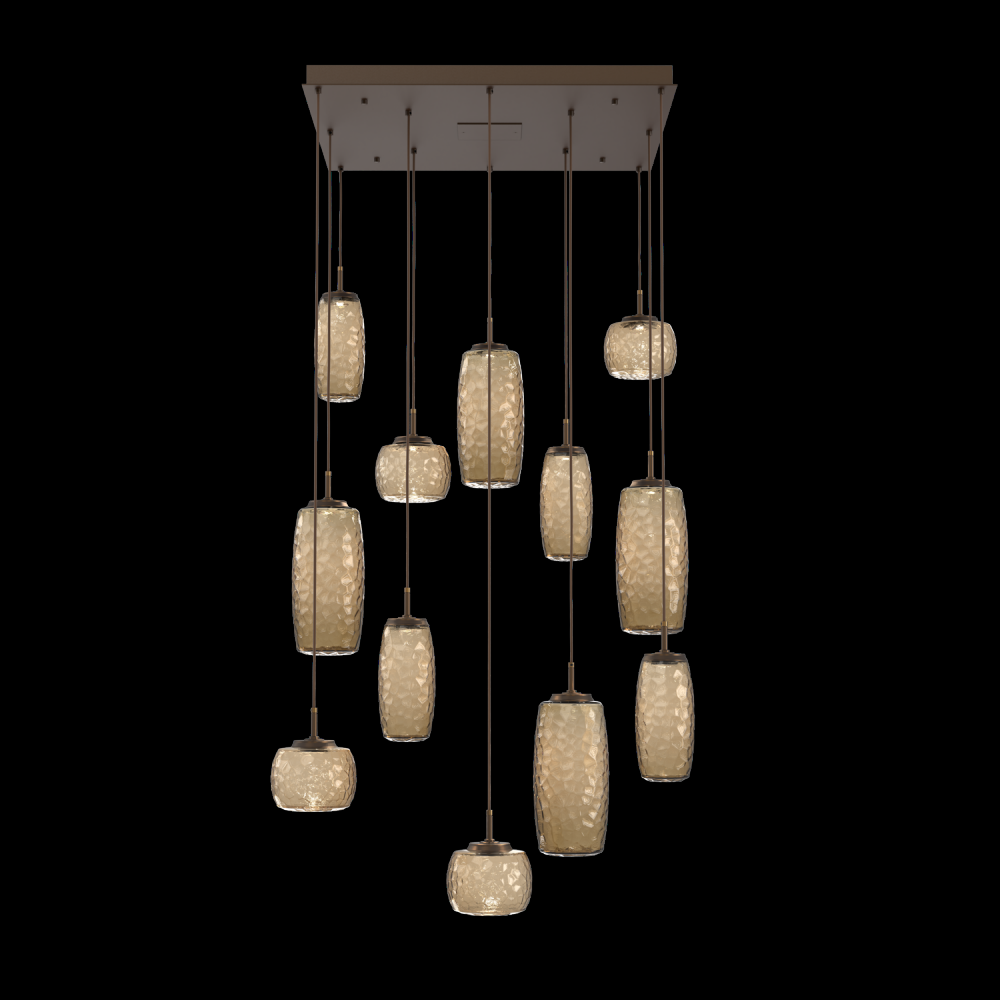 Vessel 12pc Square Multi-Pendant-Flat Bronze-Bronze Blown Glass-Cloth Braided Cord-LED 3000K