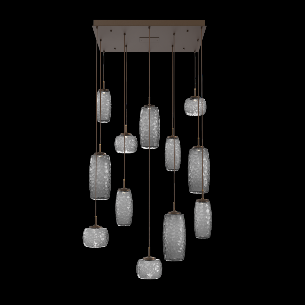 Vessel 12pc Square Multi-Pendant-Flat Bronze-Smoke Blown Glass-Cloth Braided Cord-LED 3000K