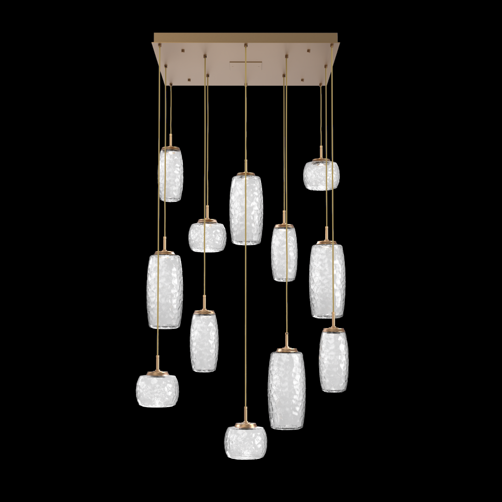 Vessel 12pc Square Multi-Pendant-Novel Brass-Clear Blown Glass-Cloth Braided Cord-LED 3000K