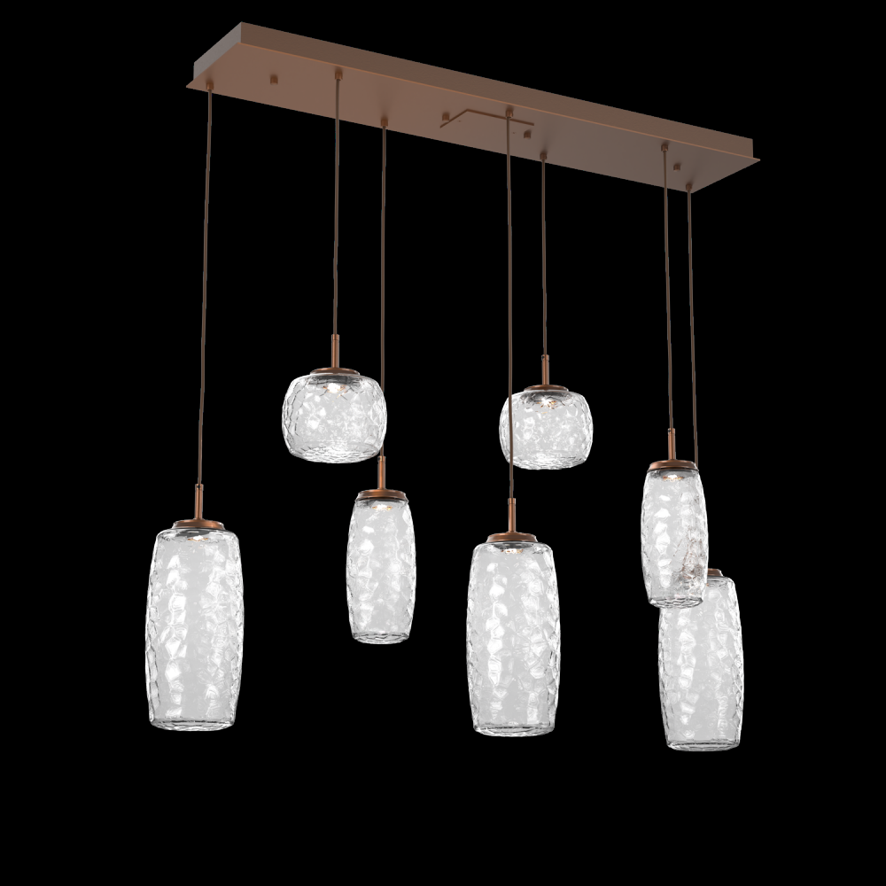 Vessel 7pc Linear Multi-Pendant-Burnished Bronze-Clear Blown Glass-Cloth Braided Cord-LED 3000K