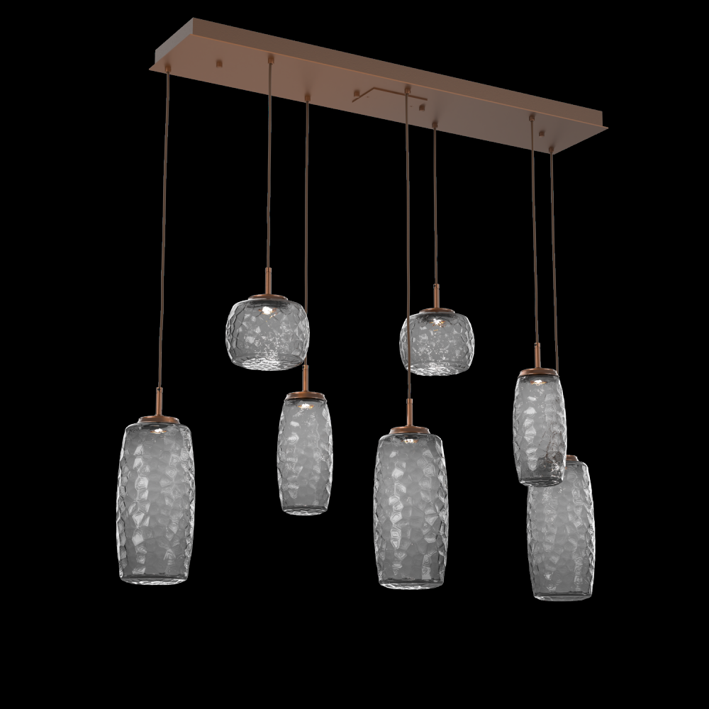 Vessel 7pc Linear Multi-Pendant-Burnished Bronze-Smoke Blown Glass-Cloth Braided Cord-LED 3000K