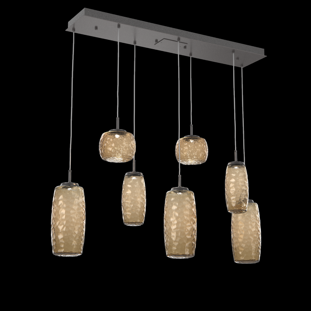 Vessel 7pc Linear Multi-Pendant-Graphite-Bronze Blown Glass-Cloth Braided Cord-LED 3000K