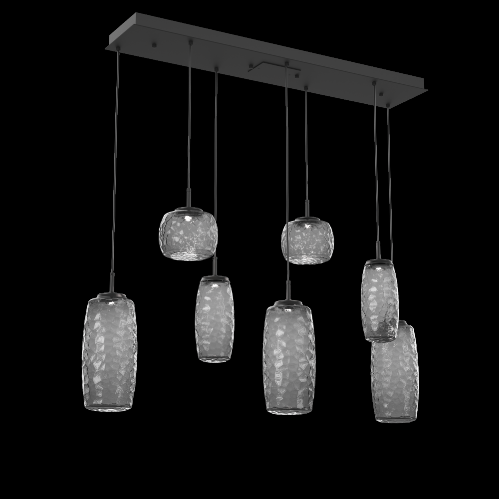 Vessel 7pc Linear Multi-Pendant-Matte Black-Smoke Blown Glass-Cloth Braided Cord-LED 2700K