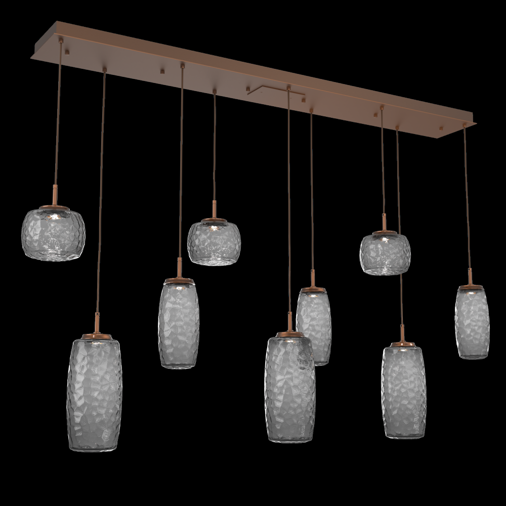 Vessel 9pc Linear Multi-Pendant-Burnished Bronze-Smoke Blown Glass-Cloth Braided Cord-LED 3000K