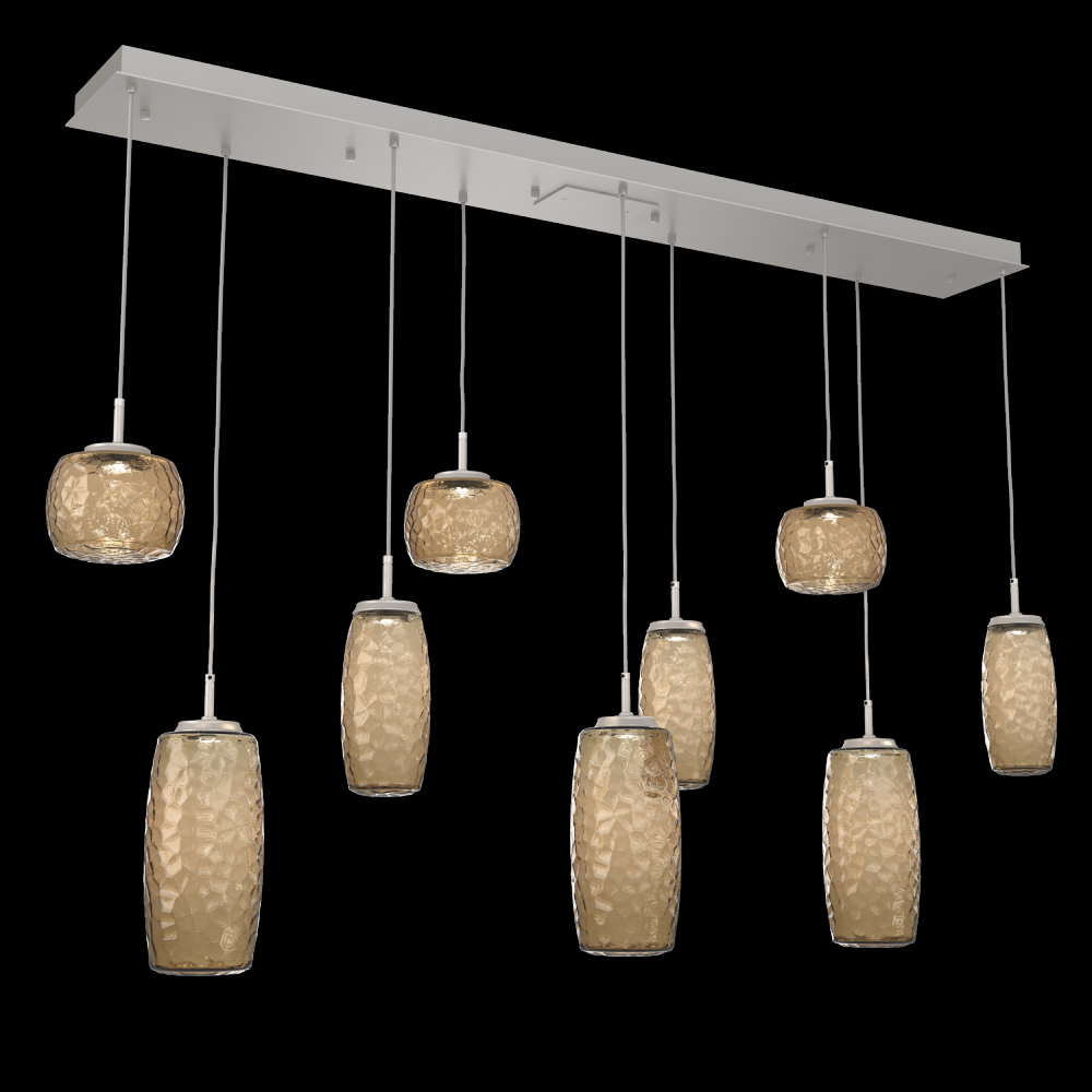 Vessel 9pc Linear Multi-Pendant-Beige Silver-Bronze Blown Glass-Cloth Braided Cord-LED 3000K