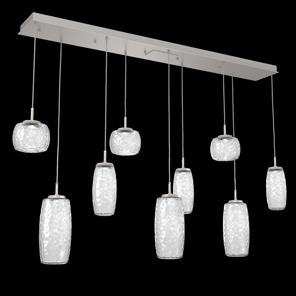 Vessel 9pc Linear Multi-Pendant-Beige Silver-Clear Blown Glass-Cloth Braided Cord-LED 3000K