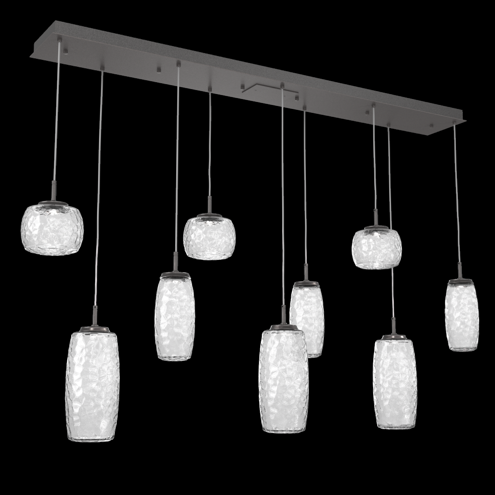 Vessel 9pc Linear Multi-Pendant-Graphite-Clear Blown Glass-Cloth Braided Cord-LED 2700K