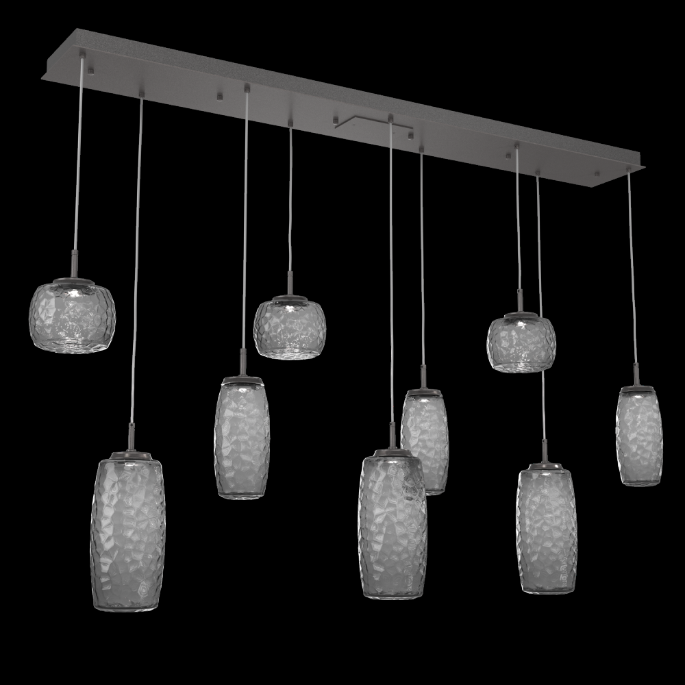 Vessel 9pc Linear Multi-Pendant-Graphite-Smoke Blown Glass-Cloth Braided Cord-LED 2700K