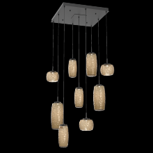 Hammerton CHB0091-09-MB-B-C01-L1 - Vessel 9pc Square Multi-Pendant-Matte Black-Bronze Blown Glass-Cloth Braided Cord-LED 2700K