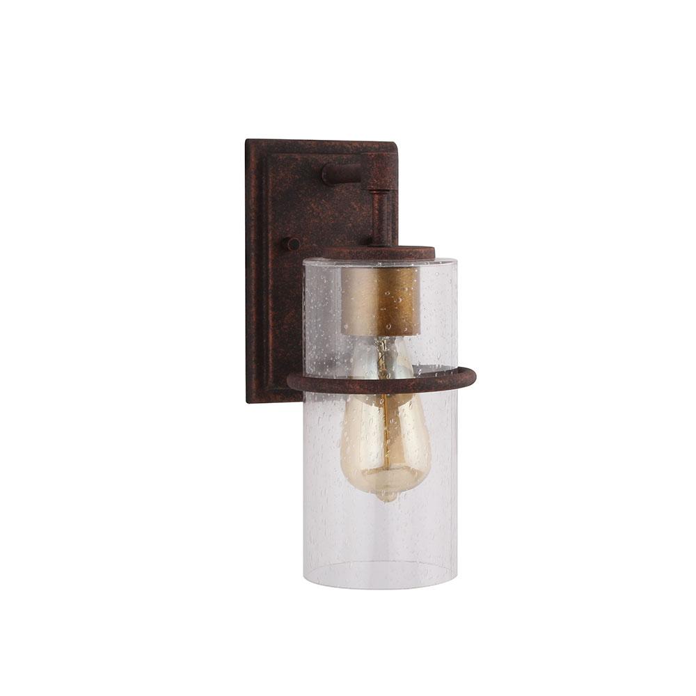 1x60W Outdoor waill light with a rust color finish with gold accent and clear seedy g