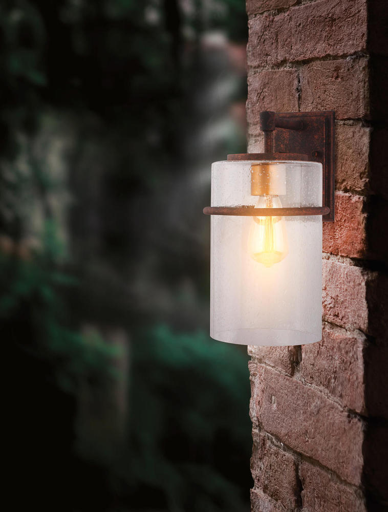 1x60W Outdoor waill light with a rust color finish with gold accent and clear seedy g