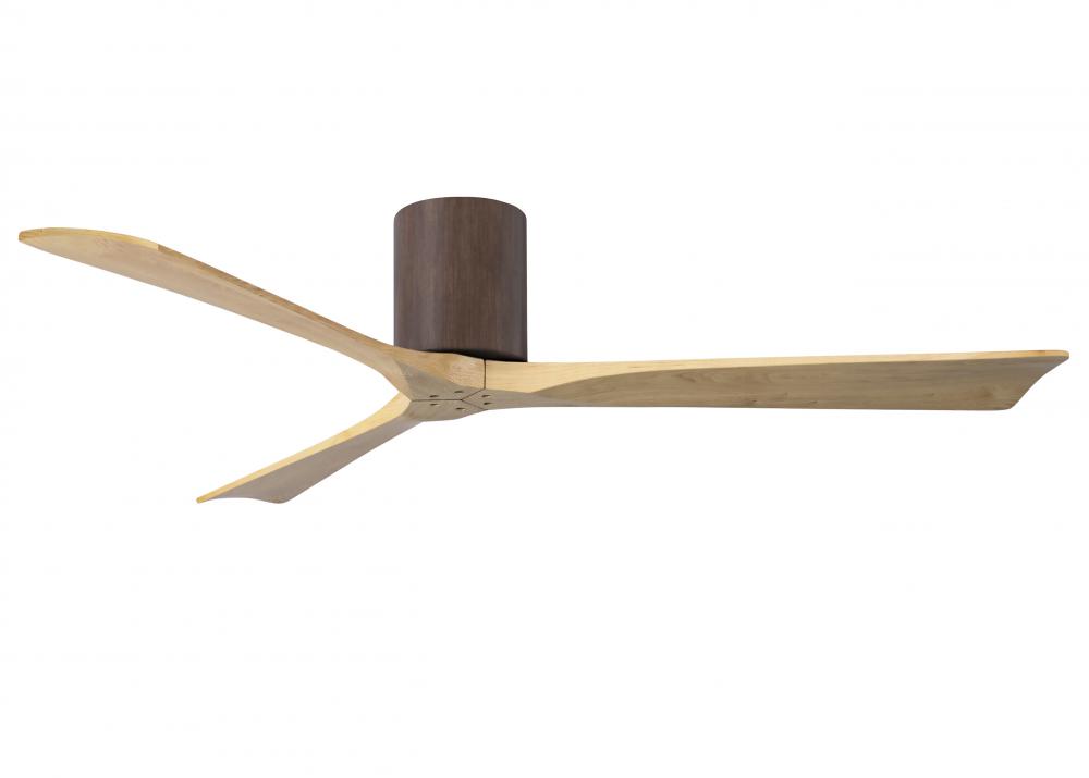 Irene-3H three-blade flush mount paddle fan in Walnut finish with 60” Light Maple tone blades. 