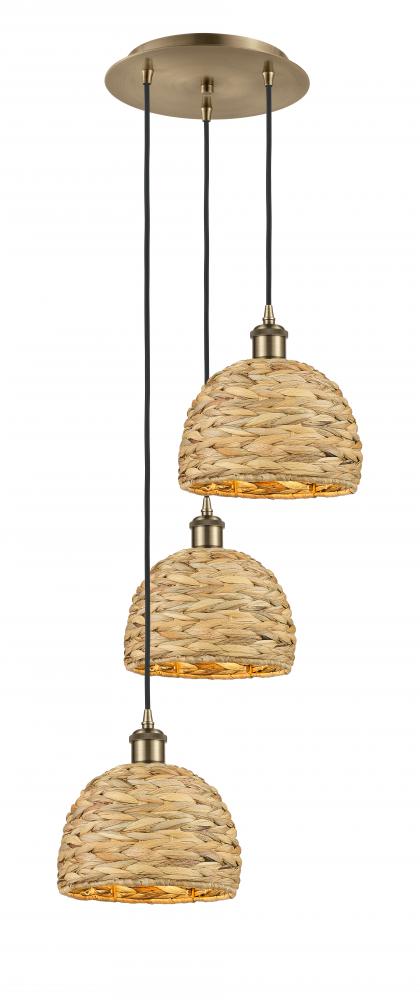 Woven Rattan - 3 Light - 15 inch - Antique Brass - Cord hung - Multi Pendant