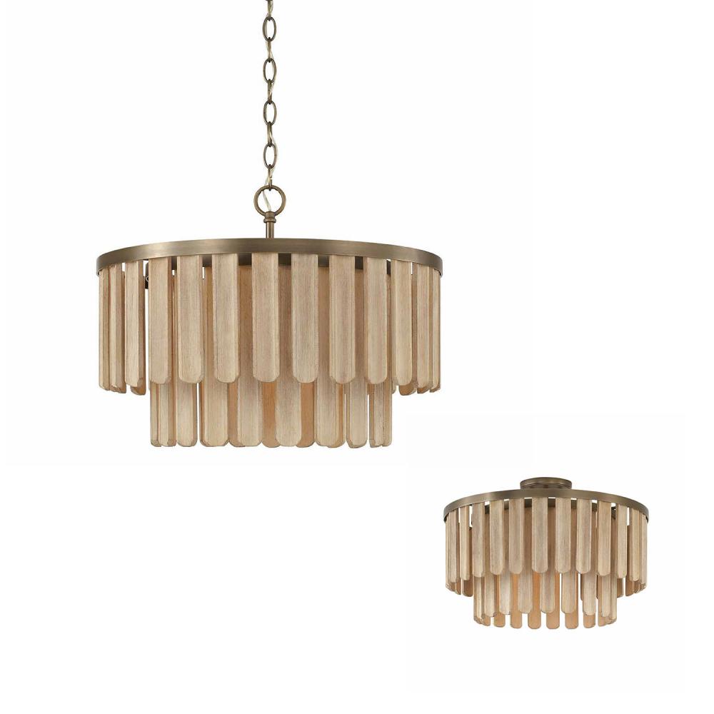 1-Light Dual Mount Pendant in Dark Brass with Handcrafted Mango Wood in Nordic Grey Stain