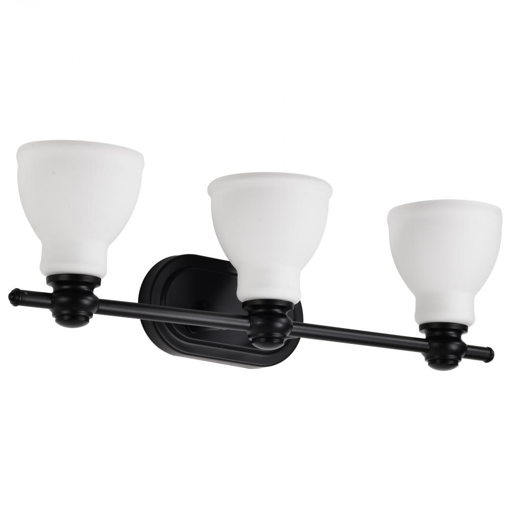 Russel; 3 Light Vanity; Matte Black with Satin White Glass